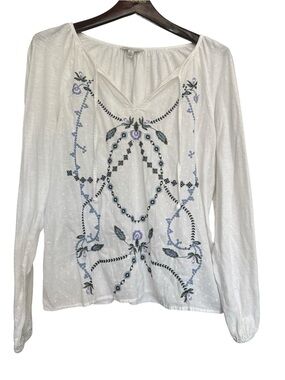 Lucky Brand White V-Neck Embroidered Peasant Top with Blue Accents
